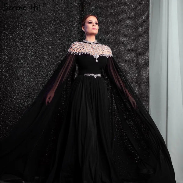 Black Diamond  Caple Sleeves Chiffon Evening Dress Dubai Design High Neck  Gowns 2025 Serene Hill LA60718 Customized