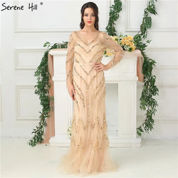 Newest Designer Gold V-Neck Evening Dresses 2025 Mermaid Long Sleeves Tassel Beading Fashion Evening Gowns LA6631