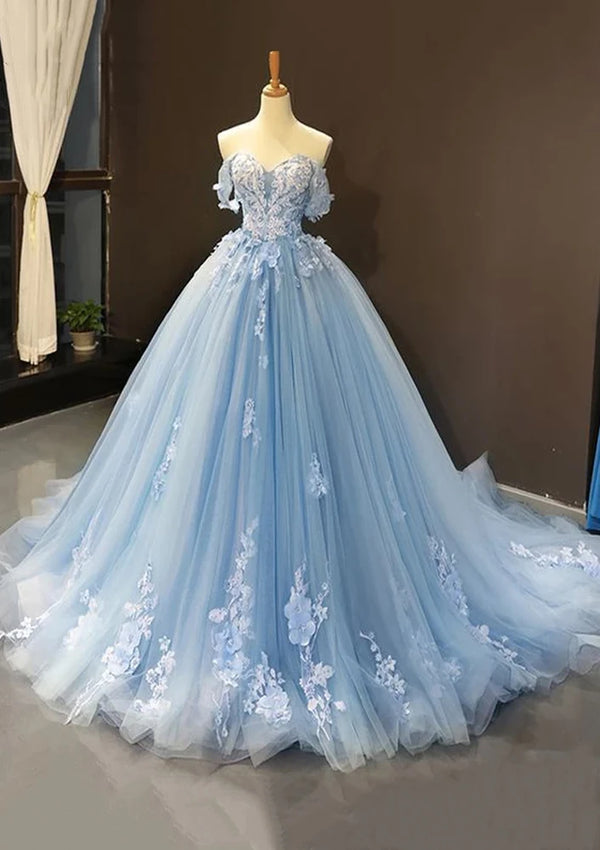 Serene Hill 2025 Arabic Blue Ball Gown Off-the-Shoulder Tulle Prom Dress with Appliqués for Women's Party LA72679