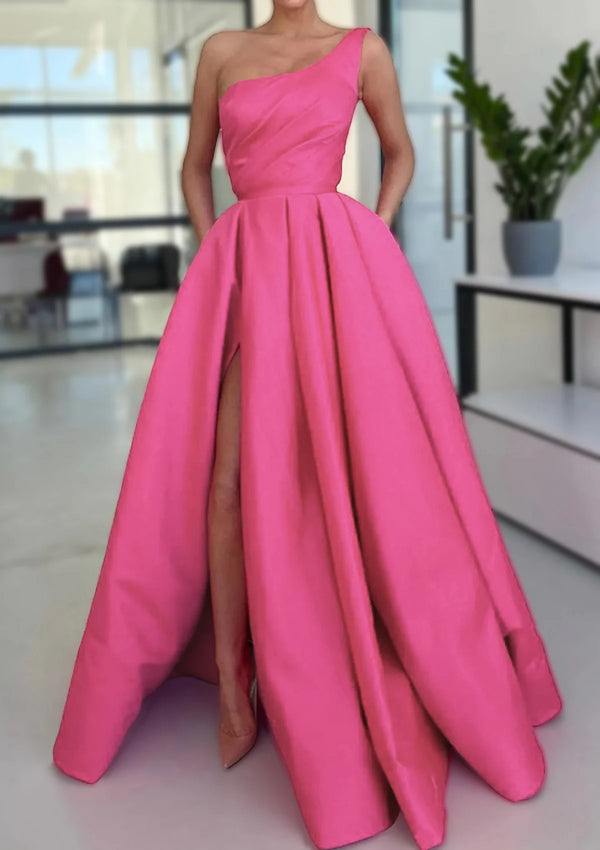 Serene Hill 2025 Arabic Pink A-Line One-Shoulder Floor-Length Satin Prom Dress with Split, Ruffles, and Pockets for Women's Party LA72683