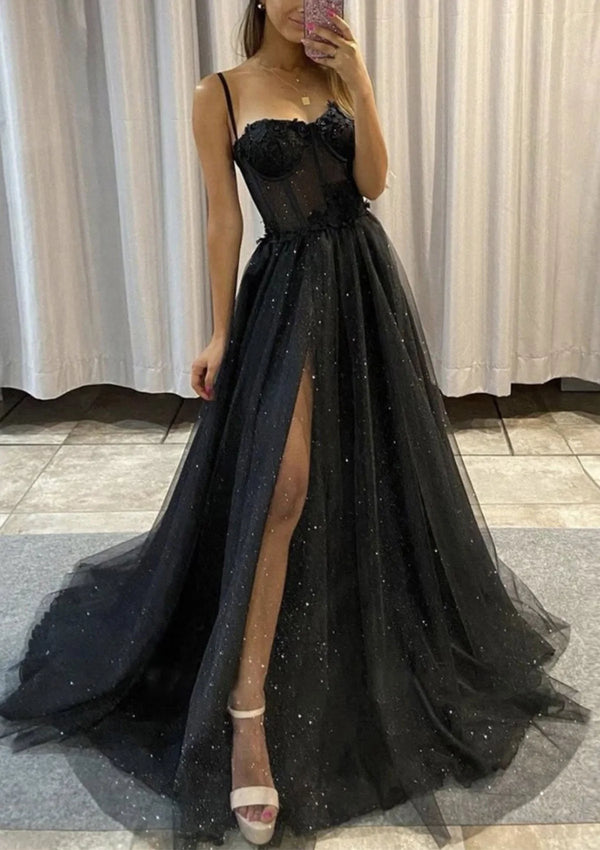 Serene Hill 2025 Arabic Black A-Line Sweetheart Spaghetti Straps Tulle Glitter Prom Dress with Appliqué for Women's Party LA72689