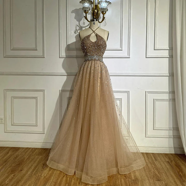 Serene Hill 2025 Customized Saudi Arabic Caramel Halter Beaded Tulle A-Line Evening Gown for Formal Occasion LA72863