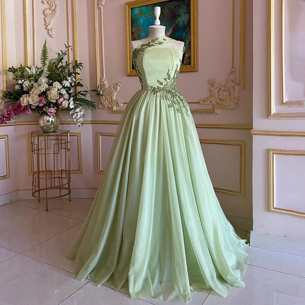 Sage green evening gown deals