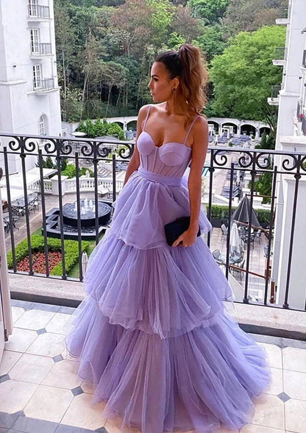 Serene Hill 2025 Arabic Lilac A-Line Spaghetti Straps Long Tulle Prom Dress with Ruffles for Women's Party LA72681