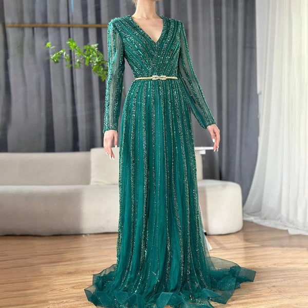 Serene Hill Muslim Green Luxury Elegant Evening Dresses Gowns 2025 Long Sleeves Beading For Women Party LA70790