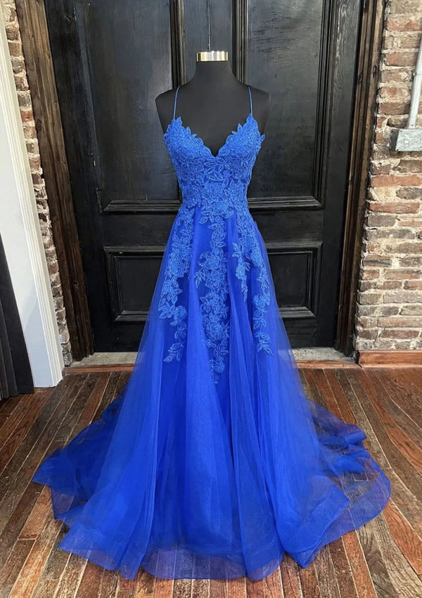 Serene Hill 2025 Arabic Blue A-Line Spaghetti Straps Tulle Prom Dress with Appliqués for Women's Party LA72678