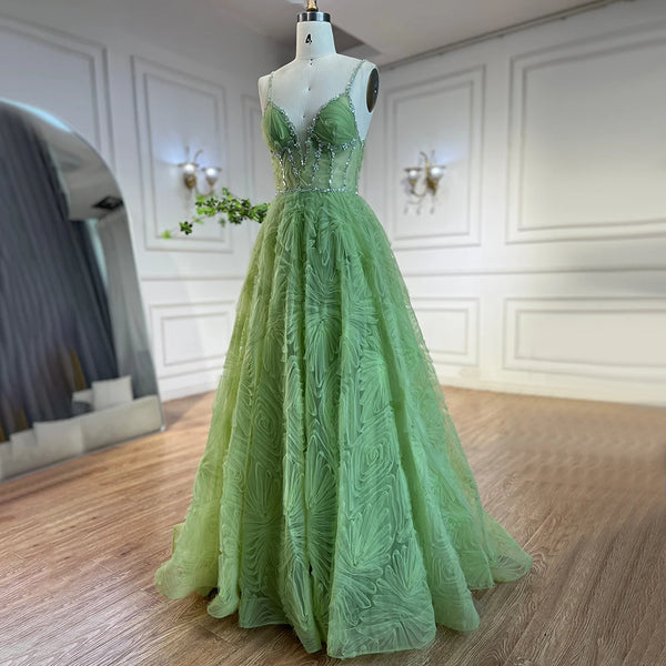 Serene Hill 2025 Arabic Sage Green Elegant Spaghetti Strap Backless A-Line Prom Dress for Women | Wedding Party LA72636