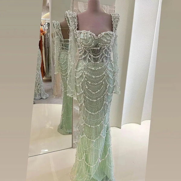 Serene Hill 2025 Arabic Sage Green Sweetheart Mermaid Pearls Beaded Luxury Dubai Evening Gown for Women's Party LA72660