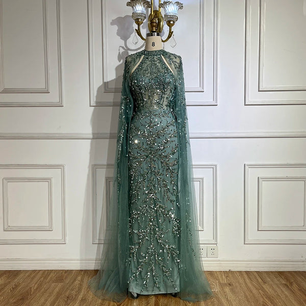 Serene Hill 2025 Arabic Turquoise Cape Sleeve Mermaid Beaded Luxury Dubai Evening Dresses Gowns For Women Wedding Party LA72652