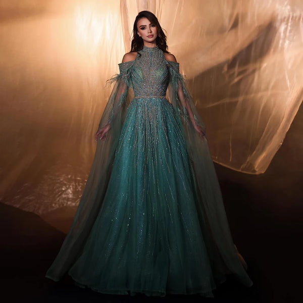 Serene Hill 2025 Arabic Turquoise Cape Sleeves A-Line Beaded Feathers Long Evening Gowns for Women Wedding Party LA72644