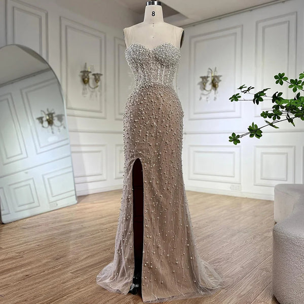 Serene Hill 2025 Arabic White Nude Mermaid Gown Pearls Beading High Split Luxury Dubai Evening Dress for Women's Party LA72544