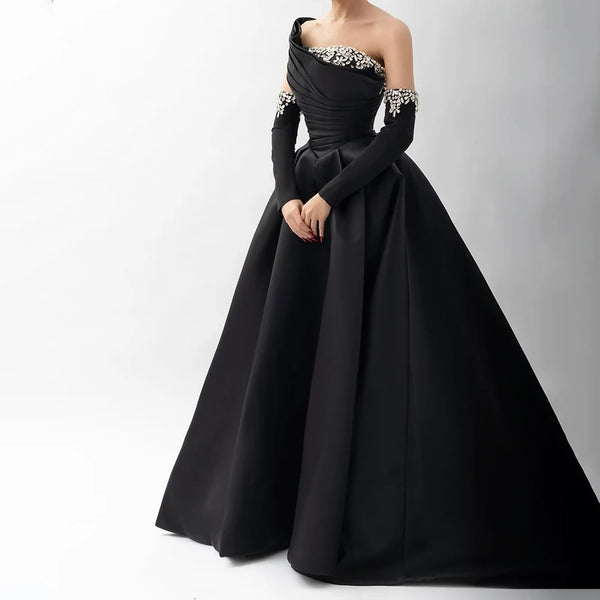 Serene Hill 2025 Black One Shoulder Satin A Line Beaded Evening Gown with Sleevelets for Women's Party Saudi Dress LA72741