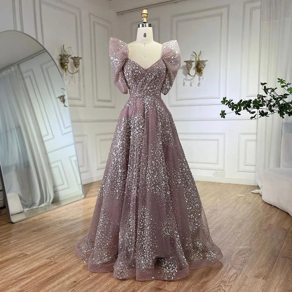 Serene Hill 2025 Dubai Arabic Pink A Line Beaded Evening Elegant Gown Luxury Dress for Women Long Party Dress LA72447