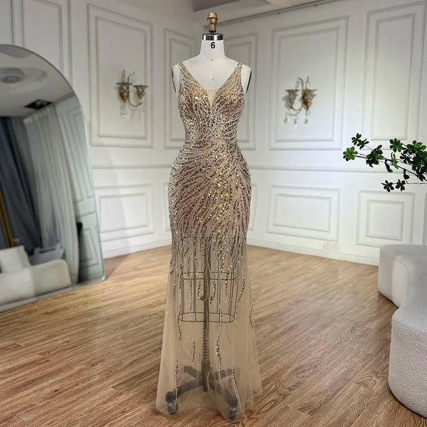 Serene Hill 2025 Gold Backless Spaghetti Strap Mermaid Beaded Luxury Evening Dresses Gowns for Women Wedding Party LA72615