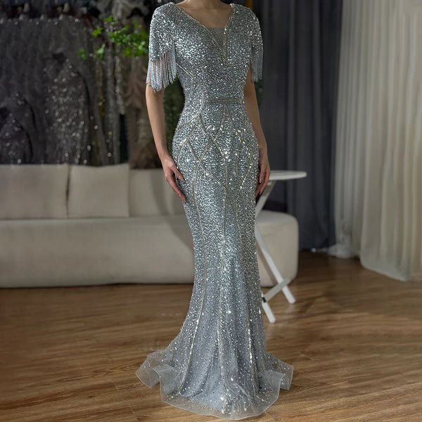 Serene Hill 2025 Gray Saudi Arabic Evening Gown with Beaded Tassel Dress for Formal Occasion LA72743