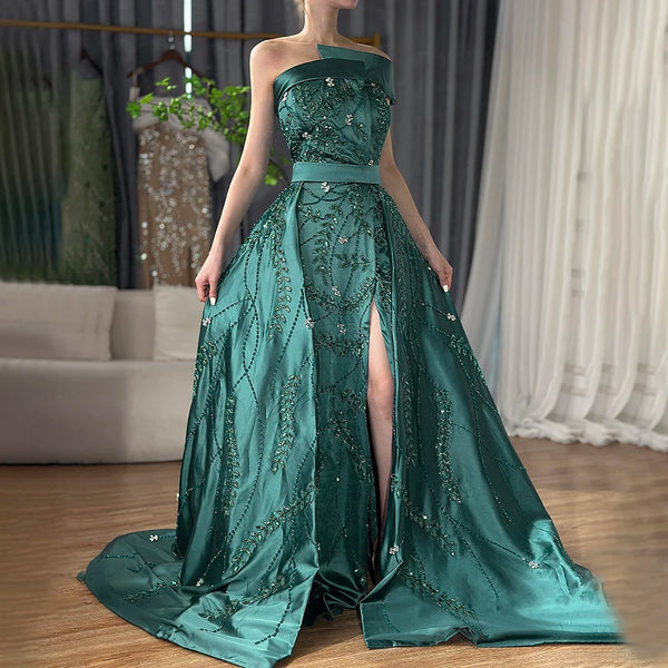 Serene Hill 2025 Green Arabic One-Shoulder Satin Evening Gown Beaded Dress with Overskirt and Split for Formal Occasion LA72178