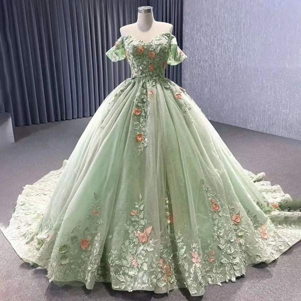 Serene Hill 2025 High End Custom Dubai Sage Green Elegant Boat Neck Wedding Dress Appliques Bridal Gowns HM222240B