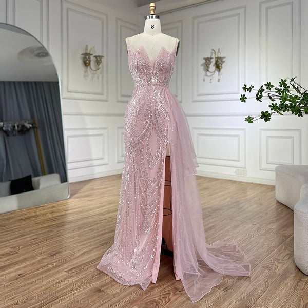 Serene Hill 2025 Light Pink Spaghetti Strap Evening Dresses Gowns Mermaid Beaded Elegant Overskirt For Women Party LA72378A