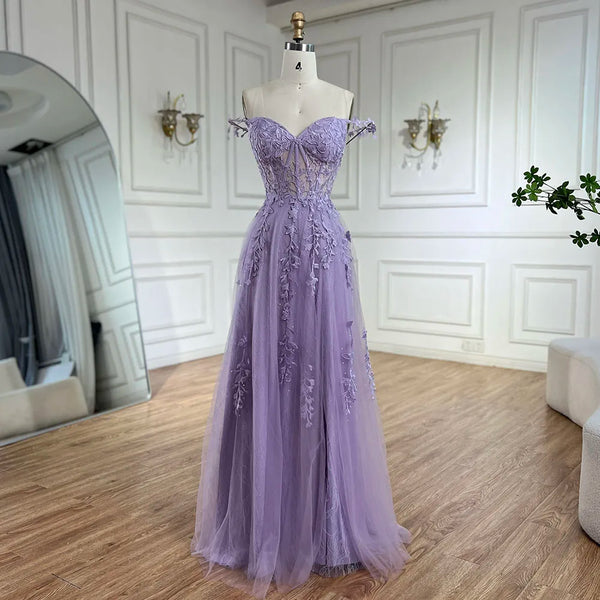 Serene Hill 2025 Lilac Spaghetti Strap Lace-Up Back A-Line Appliqué Prom Dress for Women | Wedding Party LA72620