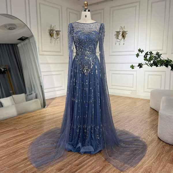 Serene Hill 2025 Luxury Dubai Blue Cape Sleeves Alina Beaded Stone Arabic Evening Gowns for Women Wedding Party LA72635