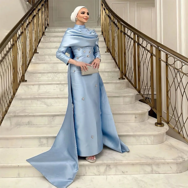 Serene Hill 2025 Muslim Blue Mermaid Beaded Satin Luxury Saudi Evening Dress Gown Overlay Skirt for Formal Occasion LA72414M