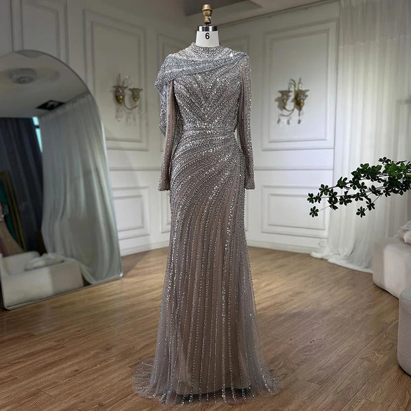 SERENE HILL 2025 Muslim Silver Nude Beaded Sparkle Elegant Luxury Mermaid Evening Dresses Gowns for Women Party LA70752H