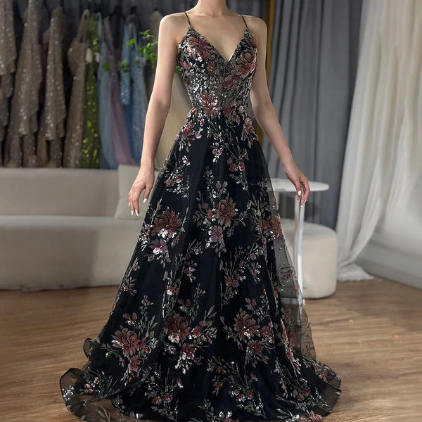 Serene Hill 2025 Spaghetti Strap A-Line Black Beaded Luxury Prom Dress for Formal Occasion Saudi Arabic LA72773