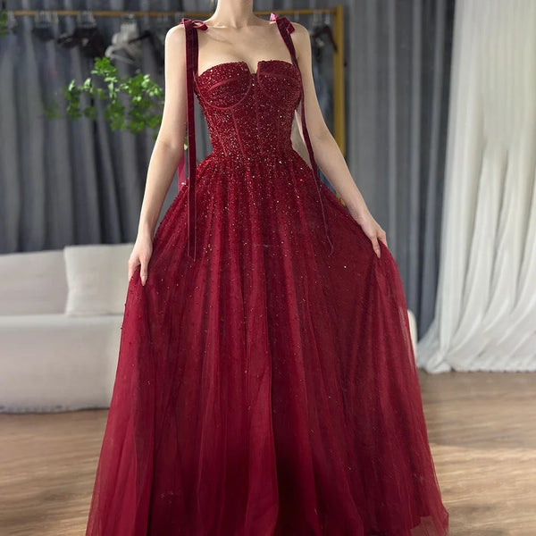 Serene Hill 2025 Saudi Wine Red Beaded Evening Gown Spaghetti Strap A-Line Luxury Floor-Length for Formal Occasion LA70600A