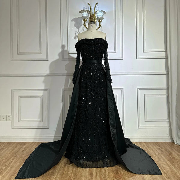 Serene Hill 2025 Customized Black Off-Shoulder Beaded Corset Evening Gown with Detachable Satin Overskirt for Formal Occasion LA72254B