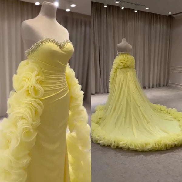 Serene Hill 2025 Customized Evening Gown for Formal Occasion Elegant Yellow Dress with Ruffles and Beaded Details LA72889