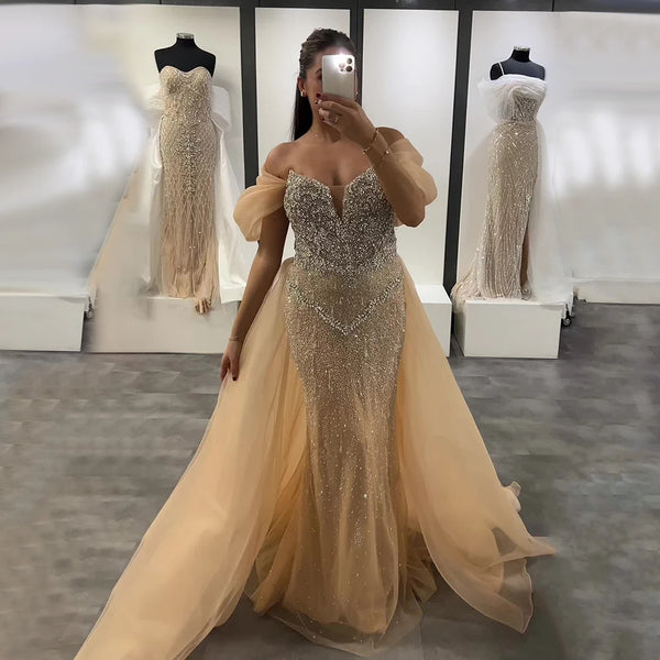 Serene Hill 2025 Customized Off Shoulder Nude Beaded Mermaid Saudi Evening Dress Gown With Overskirt for Formal Occasion LA72879