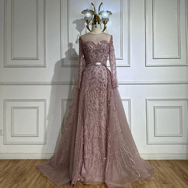 Serene Hill 2025 Customized Pink Beaded Saudi Arabic Mermaid Evening Gown with Sheer Long Sleeves for Formal Occasion LA72875