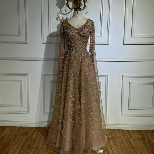 Serene Hill 2025 Customized Saudi Arabic Caramel Beaded Cape Sleeves A Line Evening Gown for Formal Occasion LA72147A