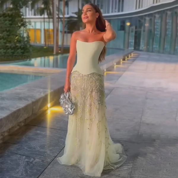 Serene Hill 2025 Customized Saudi Arabic Sage Green Elegant Strapless A Line Evening Dresses Gowns Beaded for Occasion LA72809