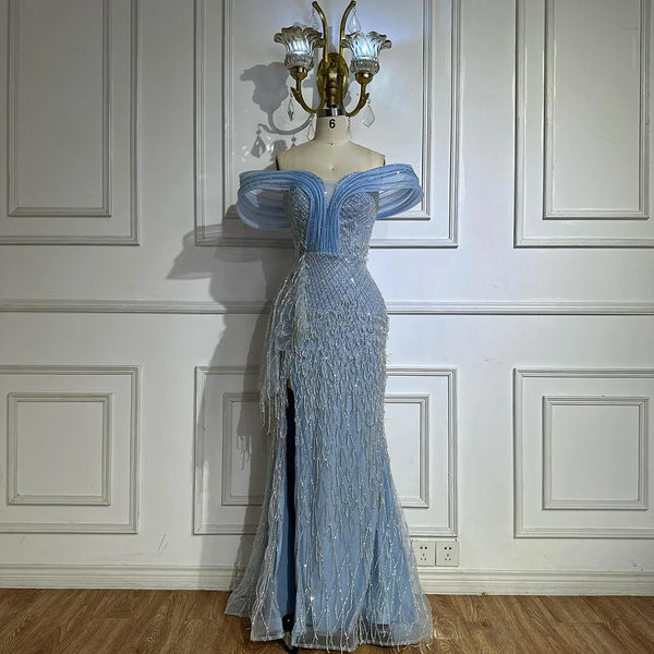 Serene Hill 2025 Customized Saudi Blue Beaded Off-Shoulder Mermaid Evening Gown with Side Split for Formal Occasion LA72867