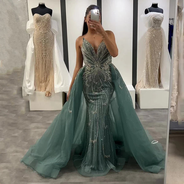 Serene Hill 2025 Customized Turquoise Strapless Mermaid Saudi Evening Dress Gown With Overskirt for Formal Occasion LA72880