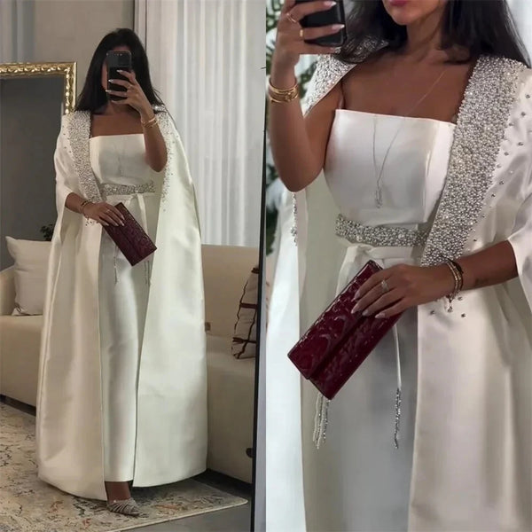 Serene Hill 2025 Customized White Mermaid Satin Arabic Evening Dresses Gowns with Long Cape for Formal Occasion LA72825