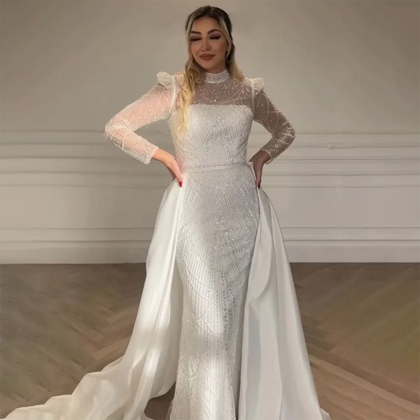 Serene Hill 2025 Customized White Muslim Mermaid Evening Dress Gown with Detachable Overskirt for Formal Occasion LA72032L