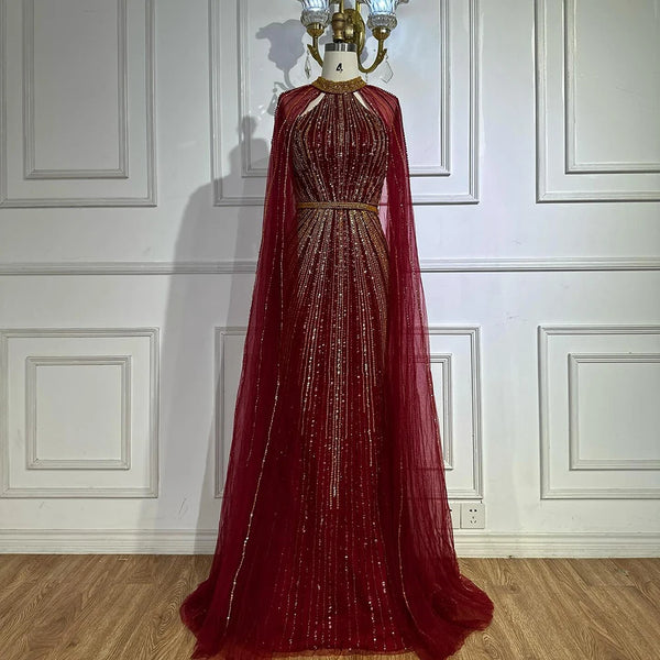 Serene Hill 2025 Customized Wine Red Beaded Mermaid Saudi Evening Dress with Cape for Formal Occasion LA72707A