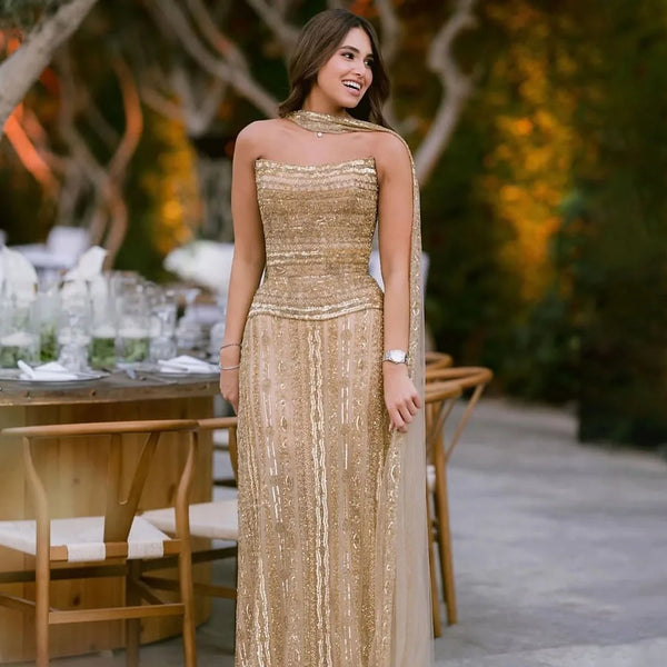 Serene Hill 2025 Gold A-Line Beaded Strapless Luxury Evening Dress for  Occasion Saudi LA72873 Customized