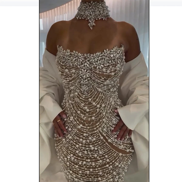 Serene Hill 2025 Saudi Beaded Evening Dresses Gowns for Women white Mermaid for Women Wedding Party LA72802 Customized