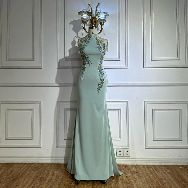 Serene Hill 2025 Saudi Mint Mermaid Beaded Tassel Satin Evening Dress Gown with Corset for Formal Occasion LA72797B Customized