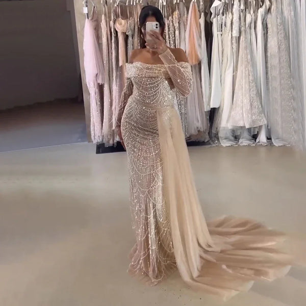 Serene Hill Arabia Nude Mermaid Boat Neck With Overskirt Luxury Evening Dresses Gowns 2025 For Women Wedding Party LA72254