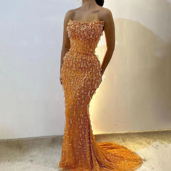 Serene Hill Arabia Orange Mermaid Strapless Luxury Beaded Crystal Evening Dresses Gowns for Women Wedding Party 2025 LA72402