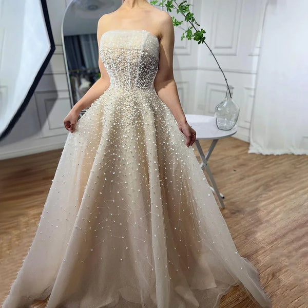 Serene Hill Arabic Beige Strapless Beaded Elegant A Line Long Evening Dresses Gowns For Women Wedding Party 2025 LA72009