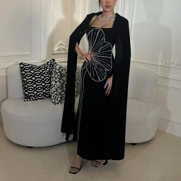 Serene Hill Arabic Black Mermaid Elegant Cape Sleeves Beaded Satin Luxury Dubai Evening Dresses Gowns For Women Party LA72461