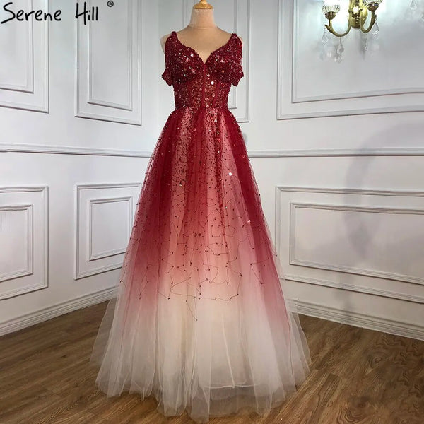 Serene Hill Arabic Gradual Change Red Evening Dresses Gowns 2025 Beaded Luxury A Line Sexy For Women Wedding Party LA70983