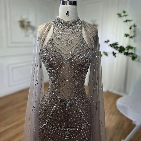 Serene Hill Arabic Luxury Dubai Caramel Mermaid Cape Sleeves Beaded Evening Dresses Gowns  2025 For Women Party LA72138