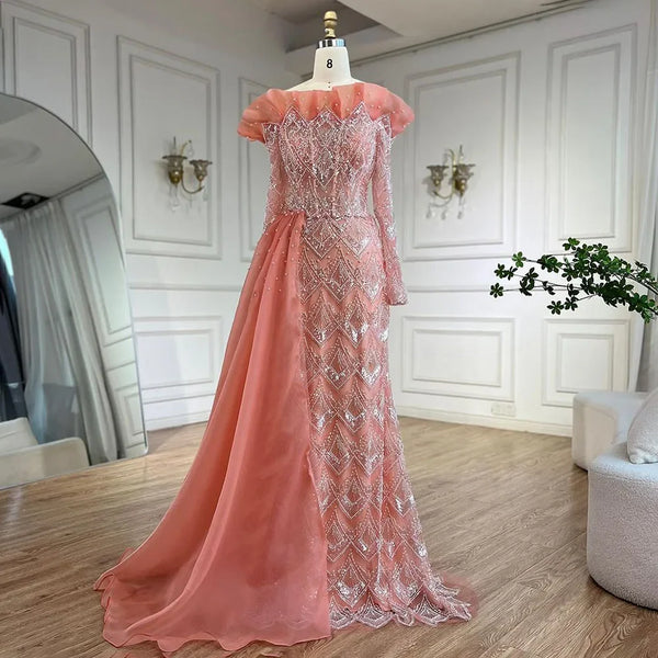 Serene Hill Arabic Mermaid Elegant Orange Luxury Evening Dresses Gowns Pearls Beaded For Women Party 2025 LA71649A