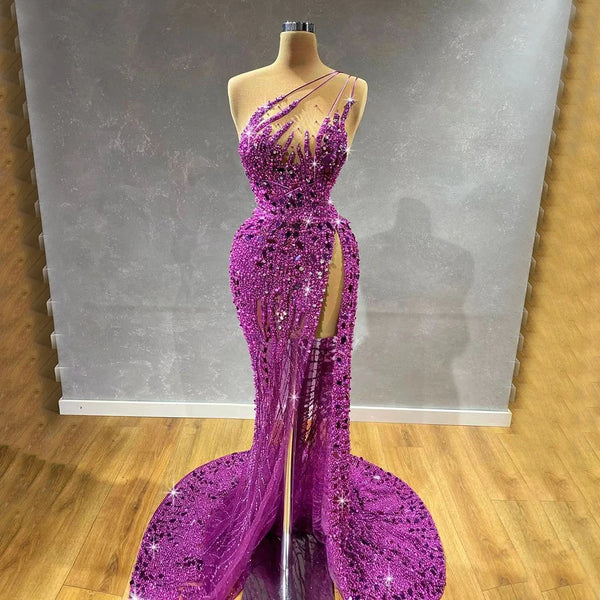 Serene Hill Arabic Purple Mermaid One Shoulder High Split Beaded Luxury Evening Dresses Gowns For Women Party 2025 LA71820